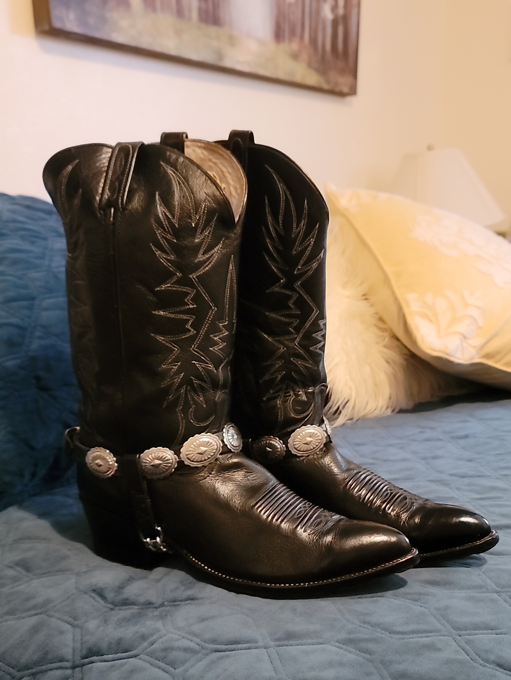 Dan Post Vintage Mens Black Leather Western Harness Boots with Conchos